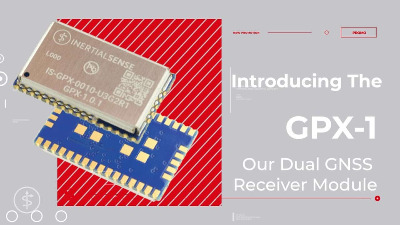 Two views of the GPX-1 dual GNSS receiver module are shown, alongside text introducing it as a new product by Inertial Sense.