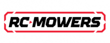 Logo for RC Mowers featuring bold black text outlined with a red rectangular border on a white background.