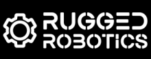 White "Rugged Robotics" text with a gear icon on a black background; the font features circular and segmented design elements.