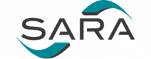 The SARA logo in black letters, with teal curved swoosh shapes above the "A"s and below the "S.