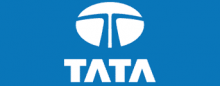 Tata logo in white, featuring a stylized "T" above the word "TATA" on a blue background.